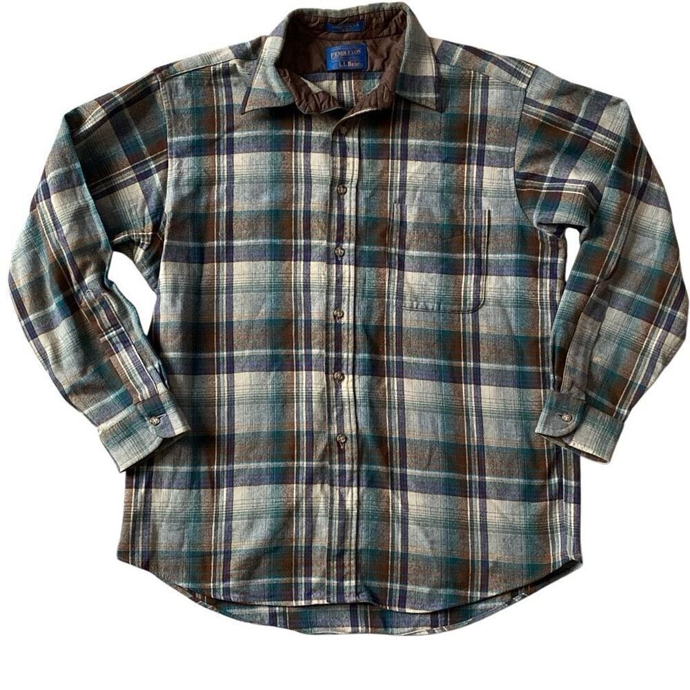 Vintage 60s Pendleton Shadow Plaid Board Shirt Large Loop Collar Pockets USA
